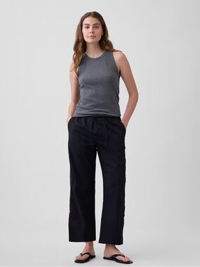 GAP Linen Cropped Black Wide-Leg Drawstring Pants